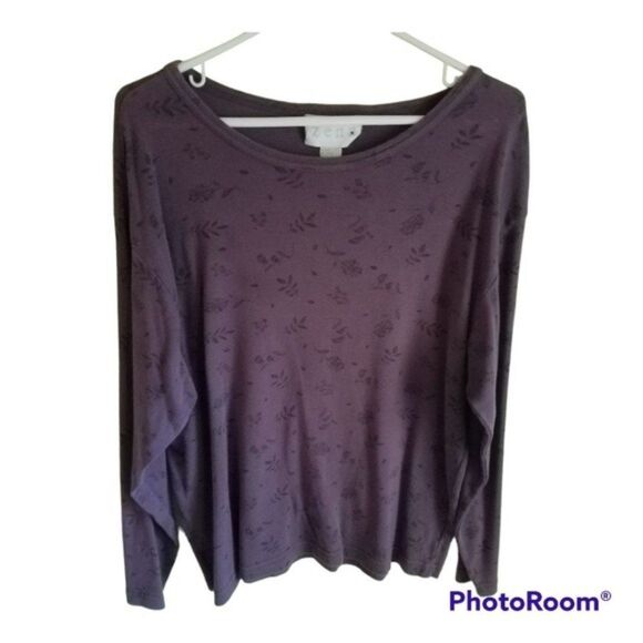 Zena Purple Scoopneck Jersey with Dark Purple Leaf & Flower Prints Size Large - Picture 1 of 6